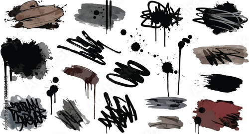 Mega bundle of different ink brush strokes:rectangle,square and round freehand drawings.Ink splatters,grungy painted lines,artistic design elements:waves,circles,triangles.