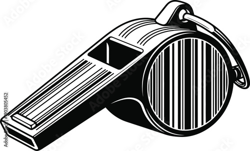 A black and white illustration of a referee whistle
