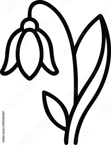A minimalist line art illustration of a snowdrop flower in black