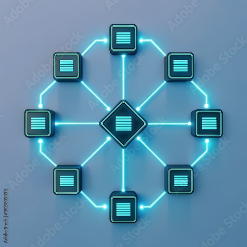 Abstract representation of a decentralized network system with glowing blue connections.