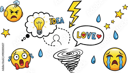 question mark shocked angry comics style, Emotion symbols drawn on a white background.