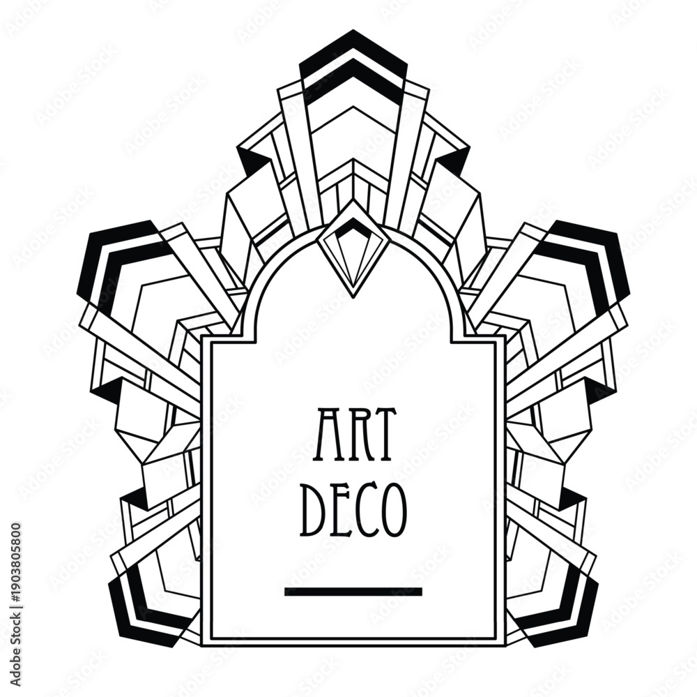 Fototapeta premium Black and white vector set of decorative Art Deco geometric elements. Elegant line art shapes inspired by 1920s design, perfect for frames, borders, posters, invitations, and coloring projects.