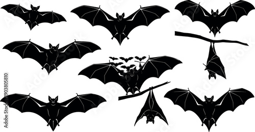 Black bat silhouettes set in flying and hanging positions, minimalist nocturnal animal icons for Halloween and spooky nature design projects.