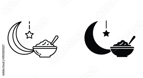Ramadan Icon Set with Crescent Moon and Bowl