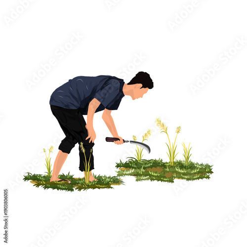 a man with a machete is cutting weeds in the garden