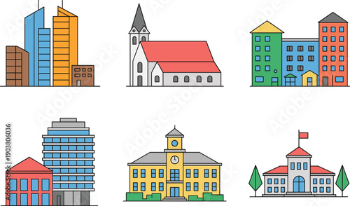 Colorful flat city buildings vector set, skyline illustrations featuring church, town hall, apartment blocks, office towers, modern urban landmarks, vectors