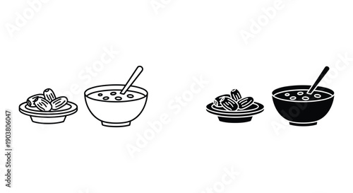 Simple black and white illustration of bowls with soup and spoon on a white background