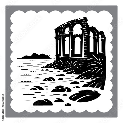 Black and White Linocut Illustration of Ancient Ruins in Desert Landscape