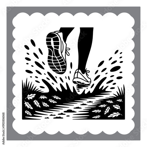 Black and White Linocut Illustration of Boot Stepping in Muddy Puddle Splash