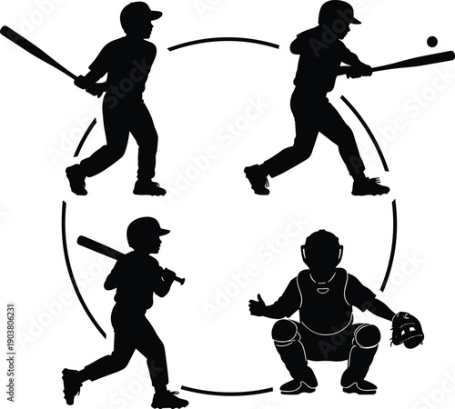 Baseball player silhouettes set showing batting swing catcher stance and hitting motion isolated on white background sports illustration