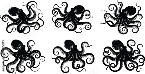 Black octopus silhouette illustration set, sea creature icons, marine animal design, nautical symbol, minimalist vector collection, white background