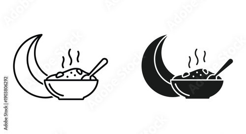 Simple black and white illustration of a bowl of porridge with a spoon on a crescent moon