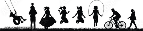 Children outdoor play silhouette, kids jumping, swinging, cycling, rope skipping, family recreation scene isolated on white background