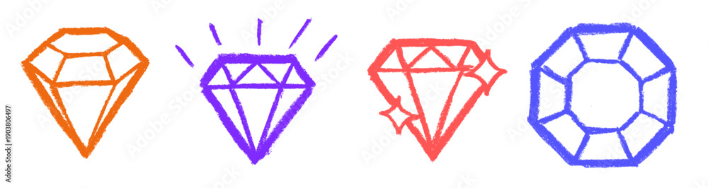 Fototapeta premium Diamonds Crayon Chalk Drawing Doodle Vector Set