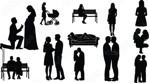 Couple silhouette collection showing love relationship pregnancy parenting romance daily life scenes isolated on white background illustration
