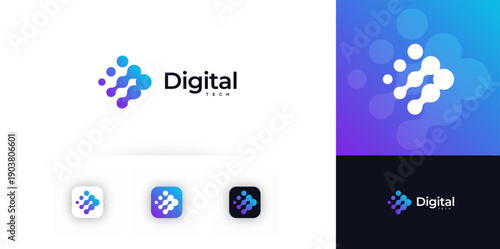 Digital tech logo, abstract gradient dots, modern app icon for IT company branding, startup, software, website. Tech logos for digital brands. Vector illustration