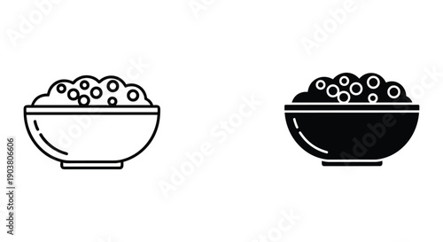 Black and White Illustration of Cereal Bowls with Fresh Berries on White Background