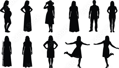 Female silhouette collection, women standing walking poses, fashion dress figures, lifestyle people illustration isolated black