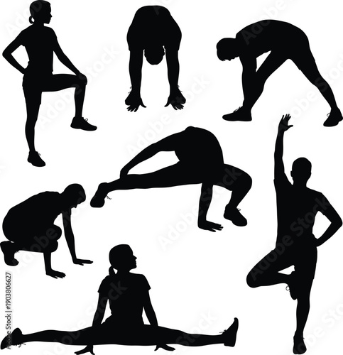 Fitness stretching exercise silhouette set showing warm up balance and flexibility movements isolated on white background for training vector design