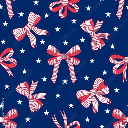Patriotic seamless pattern with red striped bows and white stars on a dark blue background. American style design for 4th of July decor.
