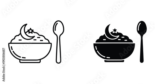 Black and White Illustration of Porridge with Crescent Moon and Spoon