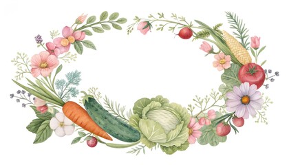 Vegetable and blossom wreath, circular botanical watercolor composition, elegant clipart