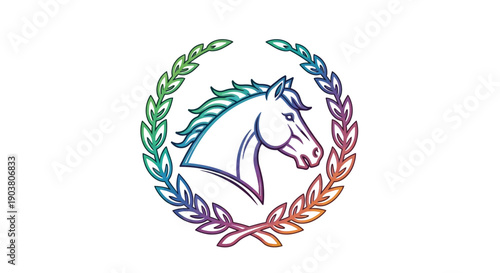 Vibrant gradient horse head emblem encircled by a colorful laurel wreath symbolizing achievement