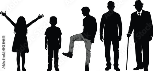 Human aging stages silhouette showing life cycle from childhood to senior man isolated on white background illustration