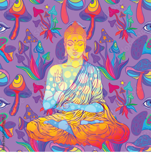 Acid Lord Buddha, ornate mandala round pattern mushroom illustration. Esoteric vintage vector illustration. Indian, Buddhism, spiritual art. Hippie tattoo, spirituality, rave party poster.