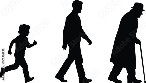 Human aging stages silhouette showing child running, adult walking, and elderly man with cane, life journey concept illustration