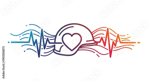 Vibrant gradient heartbeat line with safety helmet and heart symbol representing health protection