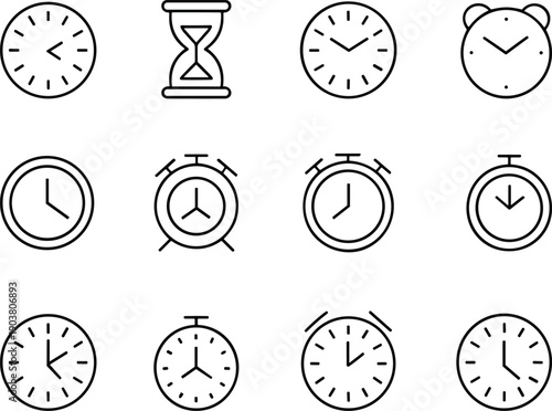 Set of minimalist black line clock and timer icons, alarm clocks, stopwatches, hourglass, modern flat outline vector illustrations for design