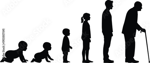 Human life stages silhouette, baby crawling to old man with cane, aging process concept, growth timeline, black vector illustration