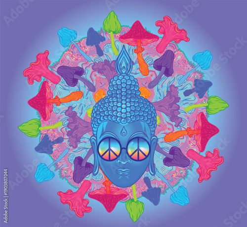 Acid Lord Buddha, ornate mandala round pattern mushroom illustration. Esoteric vintage vector illustration. Indian, Buddhism, spiritual art. Hippie tattoo, spirituality, rave party poster.