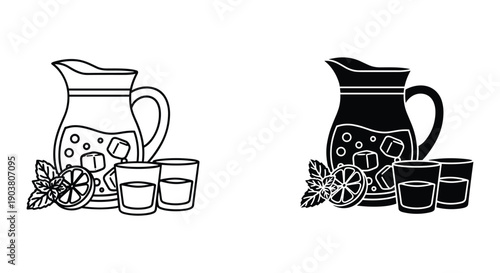 Hand drawn lemonade pitcher with fresh lemons and glasses on white background summer drink illustration