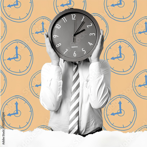 Professional Person With Clock Head In Front Of Repeating Clock Pattern Background