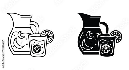 Black and White Illustration of Lemonade Pitcher and Glass with Citrus Slices
