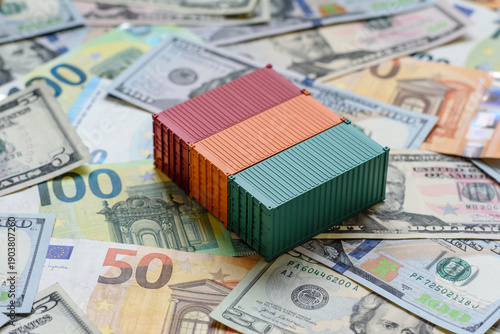 Obraz na plátně Cargo containers on the euro and dollar background as a concept for goods export
