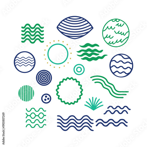 Collection of Abstract Geometric Shapes and Wavy Lines in Blue and Green