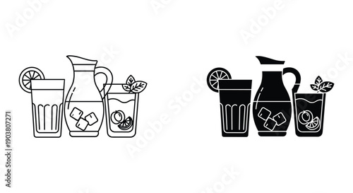 Black and White Illustration of Refreshing Drinks with Ice and Lemon