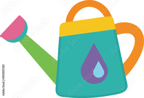 Colorful watering can with purple and blue droplet green orange yellow