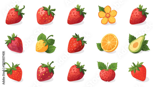 Collection of various fruit icons including strawberries, oranges, and lemons spring icons