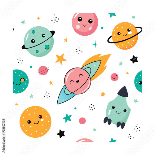 Cute Cartoon Planets Spaceship and Stars Seamless Pattern rocket