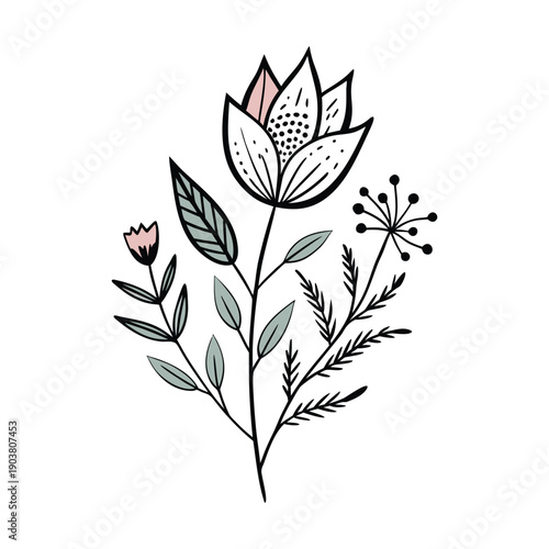Delicate Hand Drawn Floral Arrangement Pink and Green vector illustration