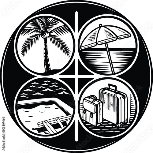 Big summer vacations icon set. Vector thin line illustrations with objects, activities and places related with traveling, tourism, outdoors in the beach and mountain, camping, resorts and hotels.
