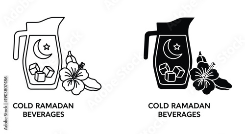 Cold Ramadan beverages pitcher with moon and stars design floral decoration iftar drink illustration