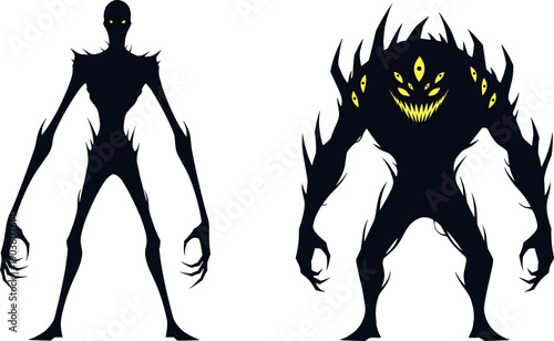 Shadowy humanoid monster illustration, surreal glowing eyes creature artwork, eerie horror fantasy design, spooky alien character concept, imaginative creepy surreal drawing, haunting sci‑fi grotesque
