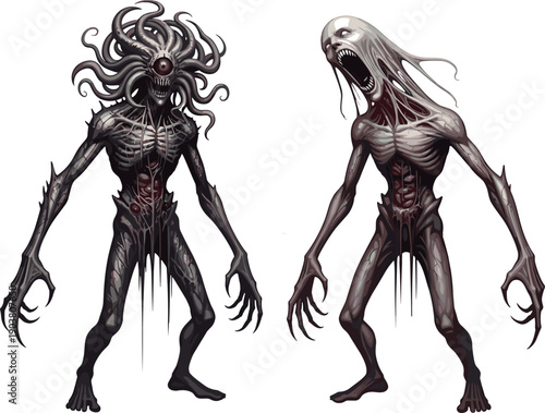 Grotesque humanoid monster illustration, surreal tentacle head creature artwork, eerie skeletal fantasy design, spooky horror character concept, imaginative creepy surreal drawing, haunting sci‑fi gro