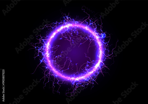 Energy Light Ring Neon Circle Net Web. Magic Portal Hole, Thunder Light Round Lightnin, Lightning Ball. Blue Purple Hole Light, Static Current Effect Background. Vector Illustration