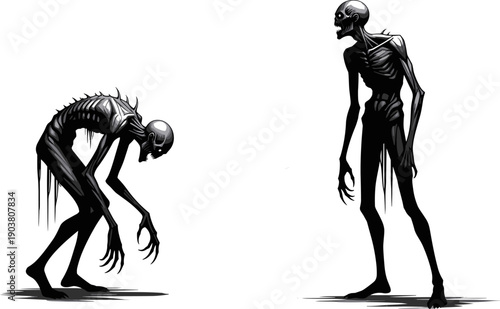 Dark skeletal humanoid illustration, eerie surreal creature artwork, grotesque elongated anatomy design, spooky fantasy horror figure concept, imaginative macabre surreal drawing, haunting sci‑fi skel
